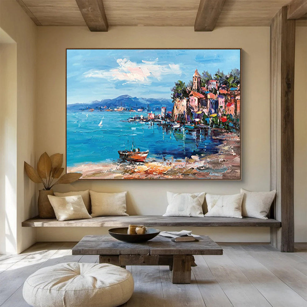 Coastal Town Abstract Painting with Blue, Pink, and Orange Tones THY230