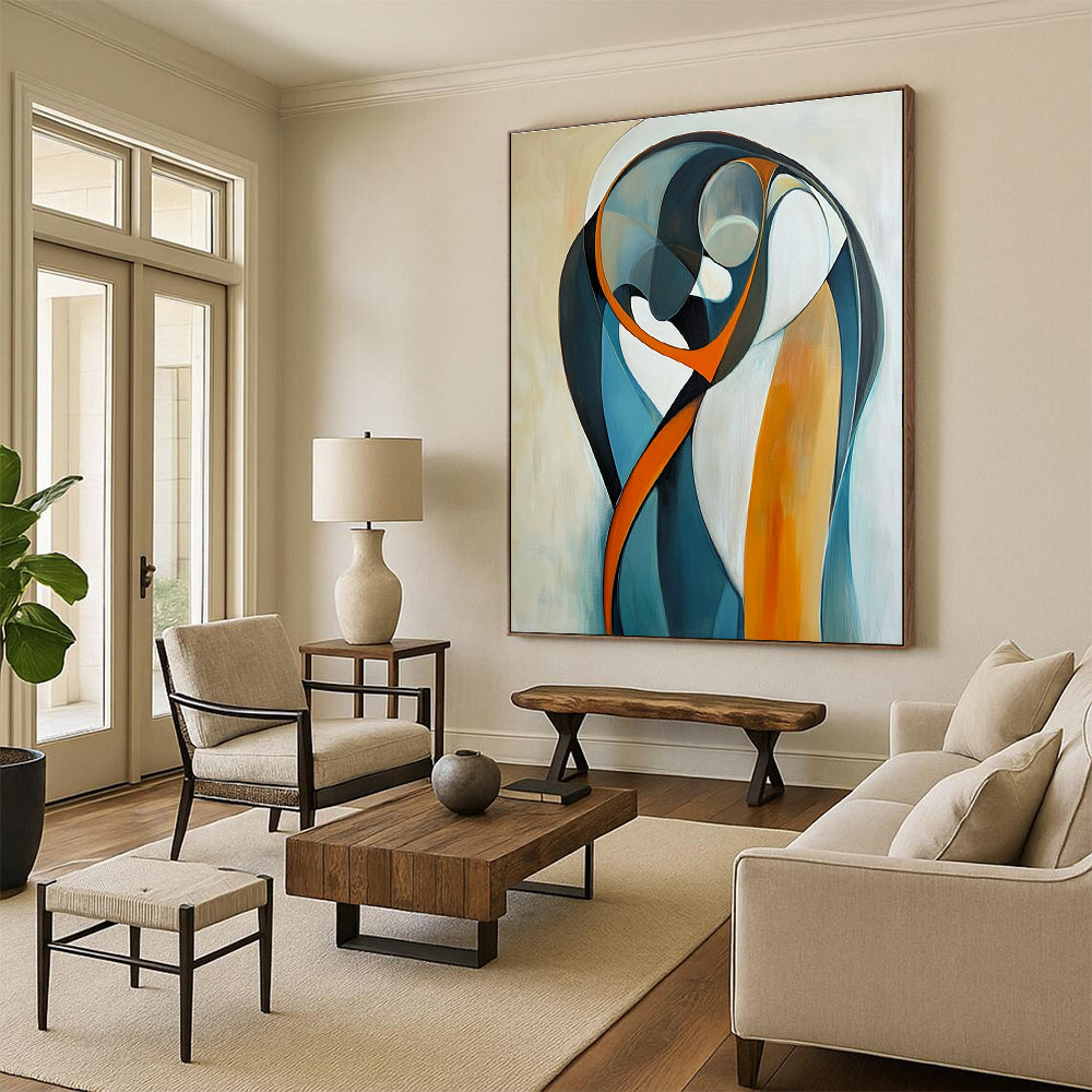 Large abstract painting of two figures embracing in curved lines and bold geometric shapes with a serene gradient background.STSC711