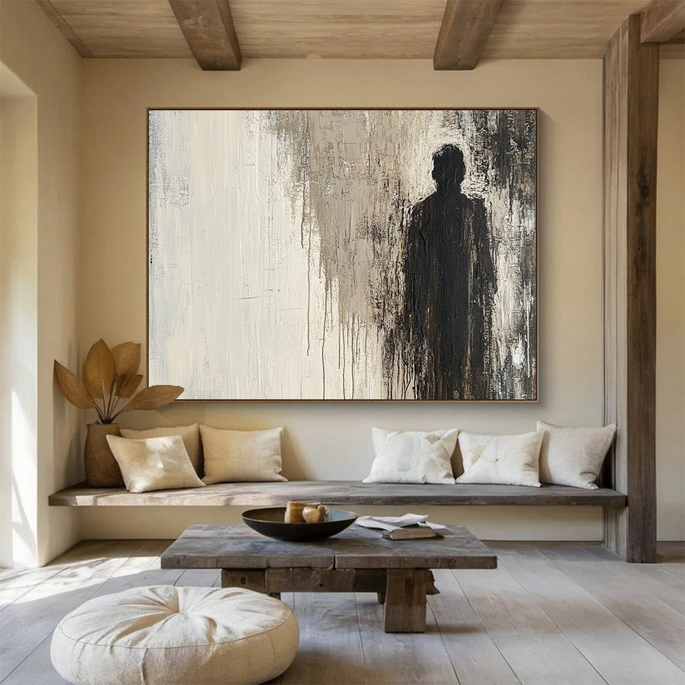 Large abstract grunge painting in neutral tones featuring a mysterious silhouette in a cracked surface evoking curiosity and unease.SC051