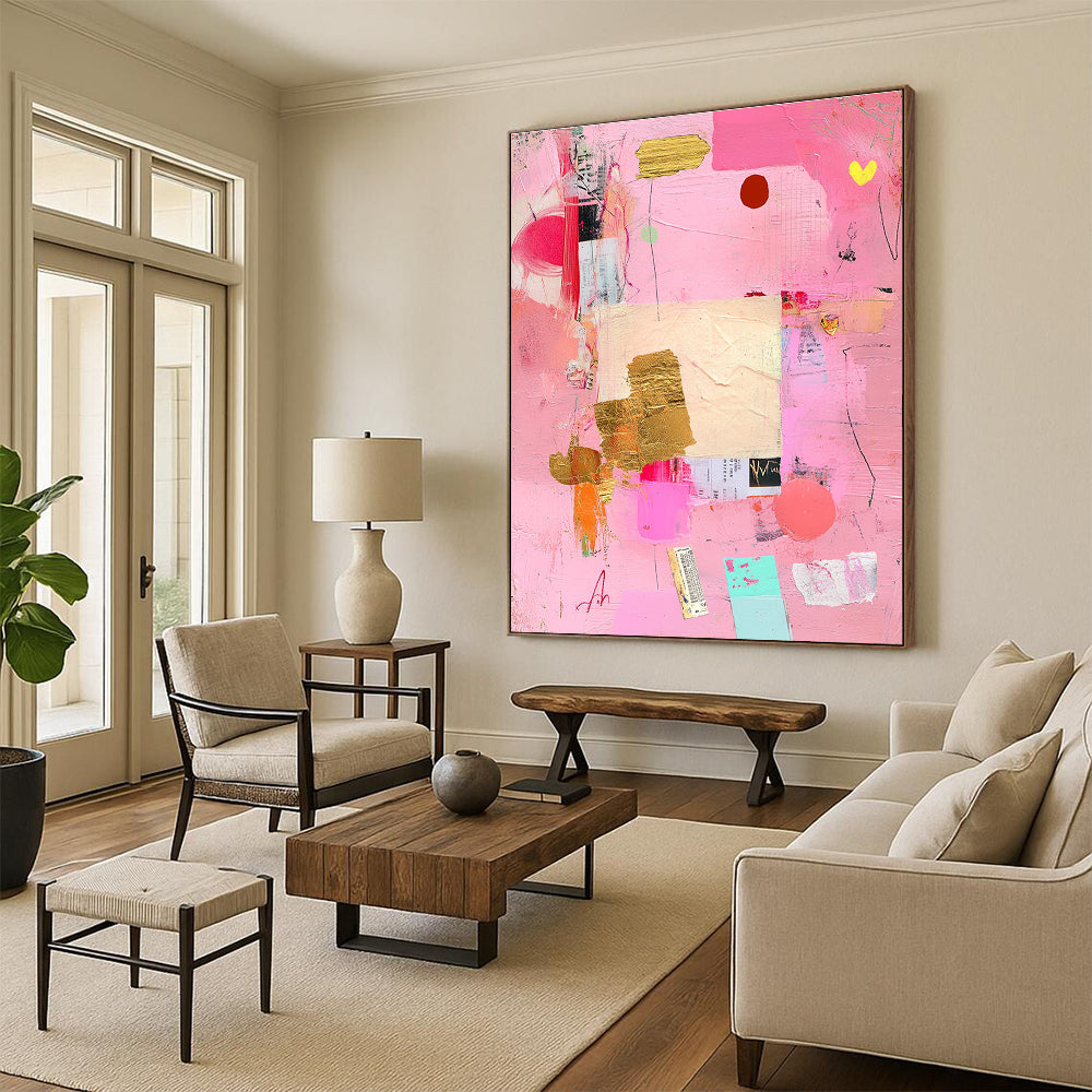 Abstract painting featuring a pink background with collage elements and soft pastel tones conveying love and romance through shapes and textures.STSC748