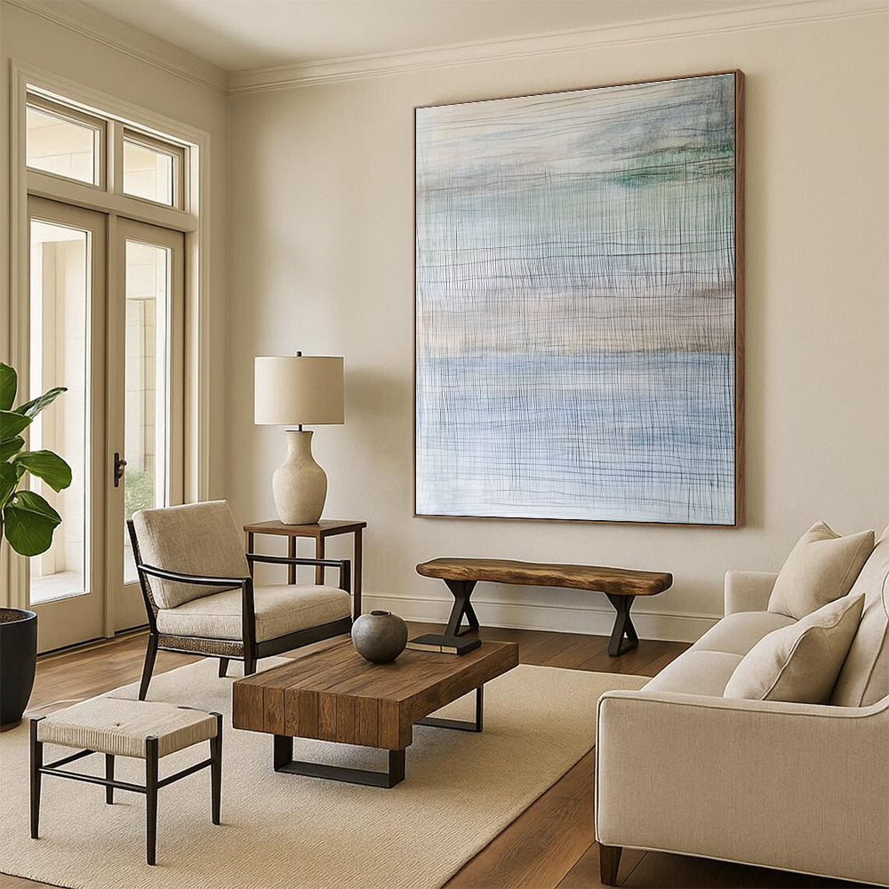 Abstract painting inspired by an ice shelf featuring thin horizontal lines in soft muted watercolor hues.STSC708
