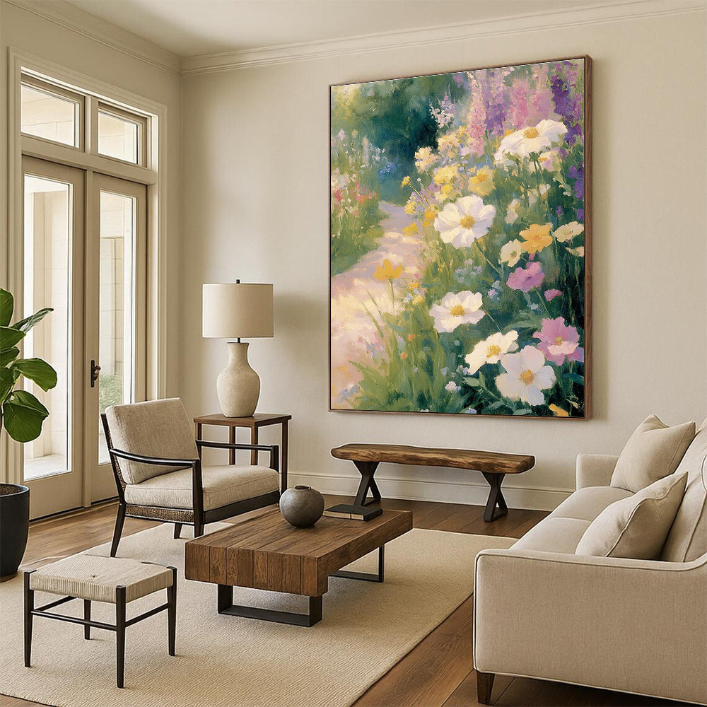 Large Abstract Painting of an Old English Garden with Wildflowers and a Winding Path Evoking Calmness and Tranquility in Soft Pastel Colors.STSC1227