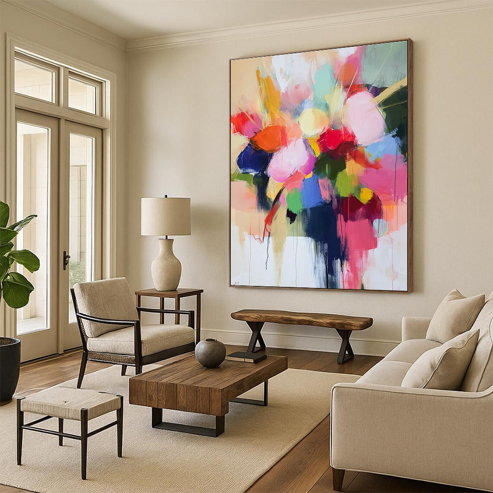 Large abstract painting with loose brush strokes in pastel colors featuring a vibrant floral vase and harmonious shapes conveying joy and optimism.STSC773