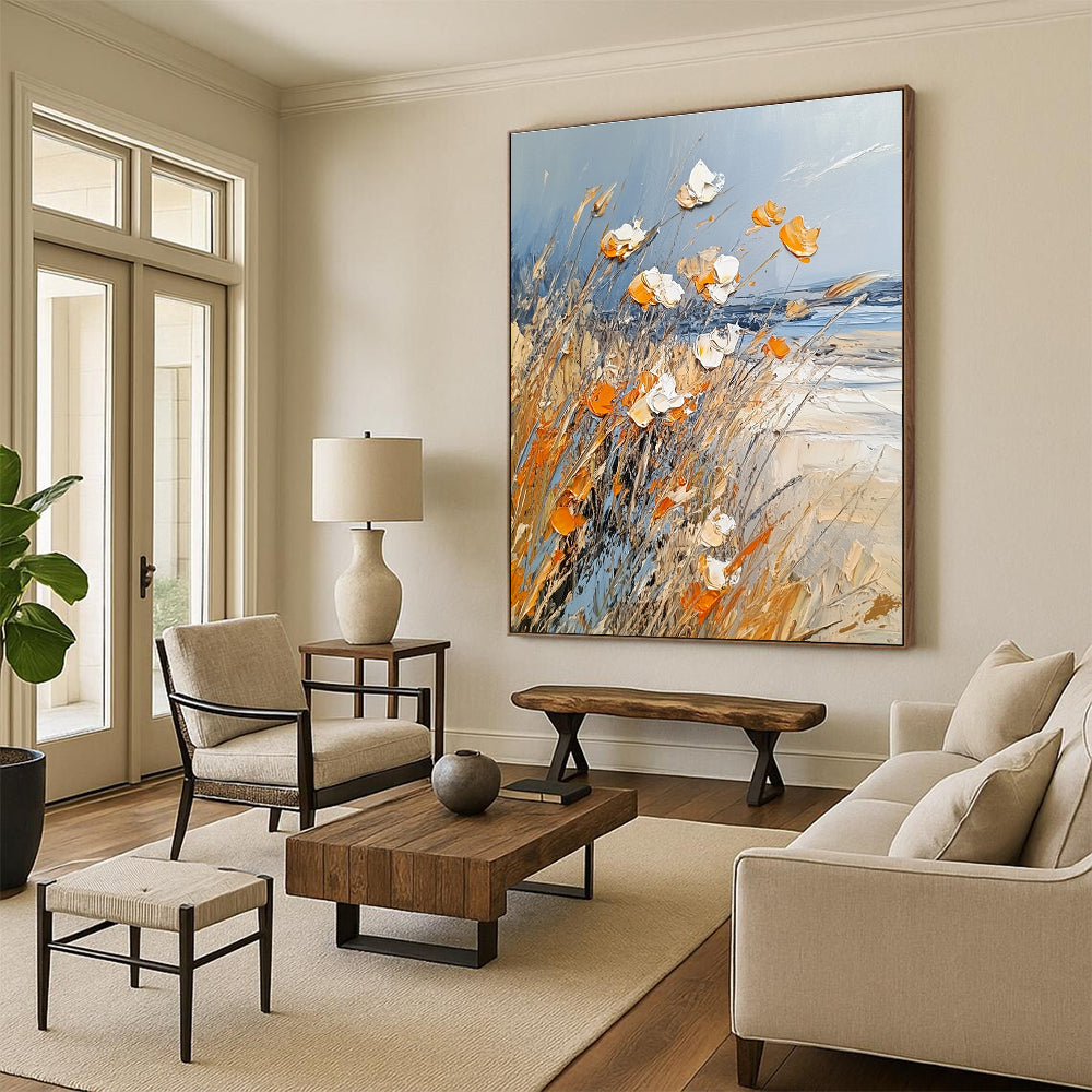 Large abstract painting of beach grass in light blue white and orange featuring thick brush strokes and textured palette knife techniques.STSC880