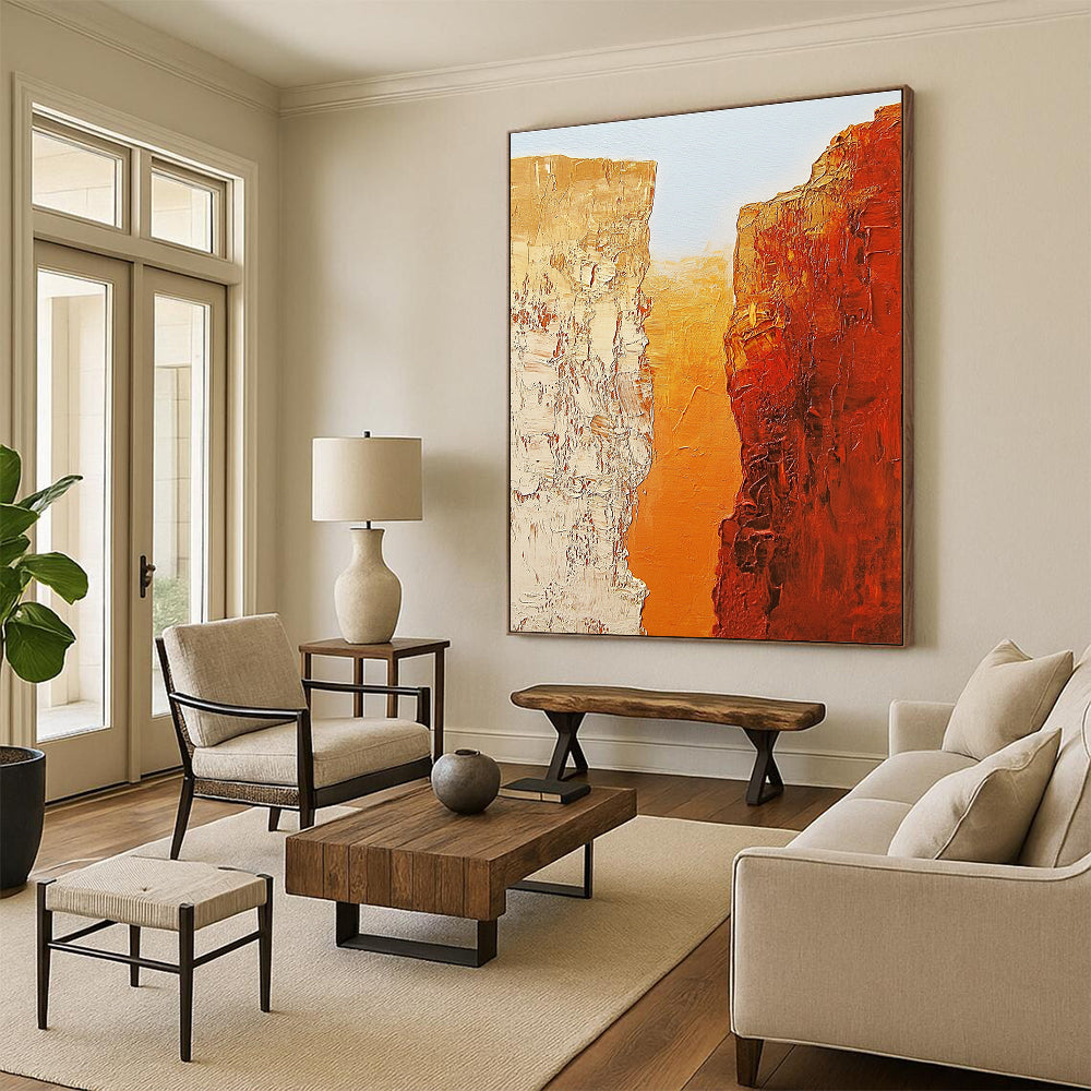 Abstract painting of two textured orange rocks symbolizing the Grand Canyon against a light blue sky in the style of Jean-Michel Basquiat.STSC713