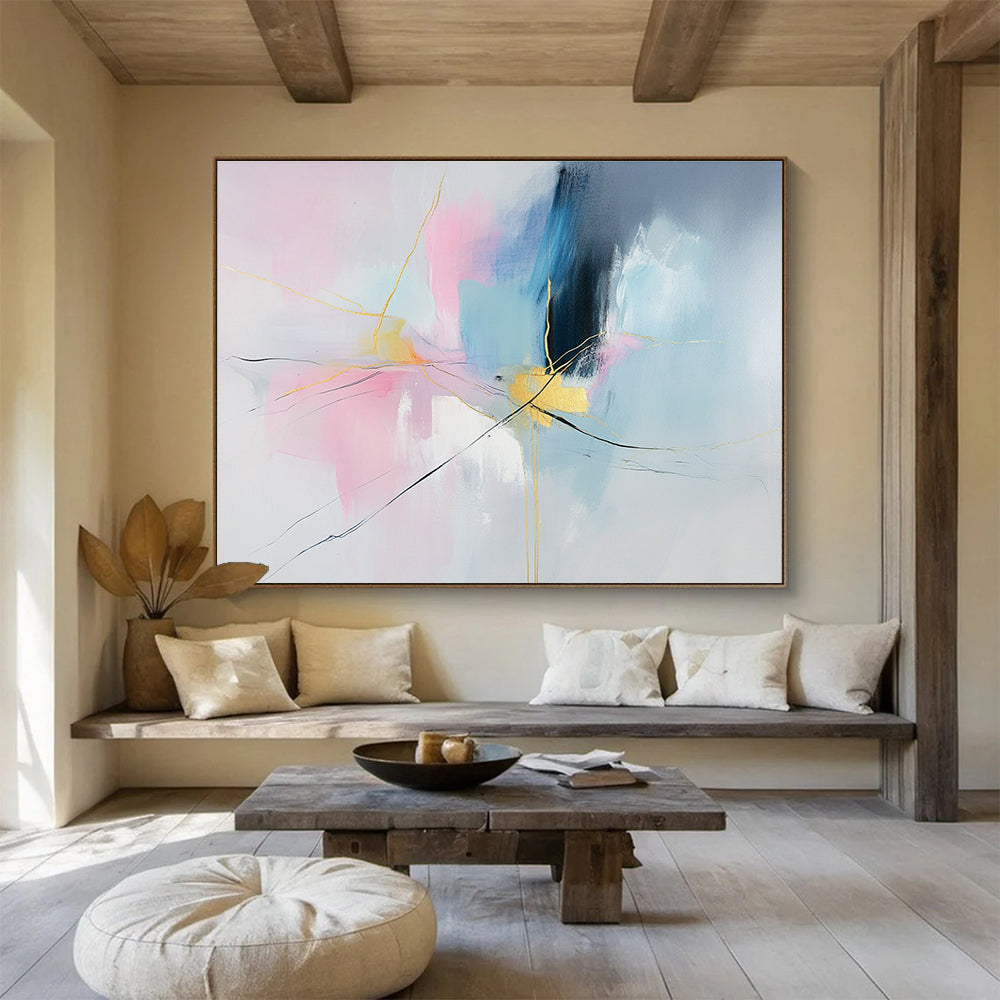 Colorful Abstract with Gold Lines Painting in Pink and Blue DYP441
