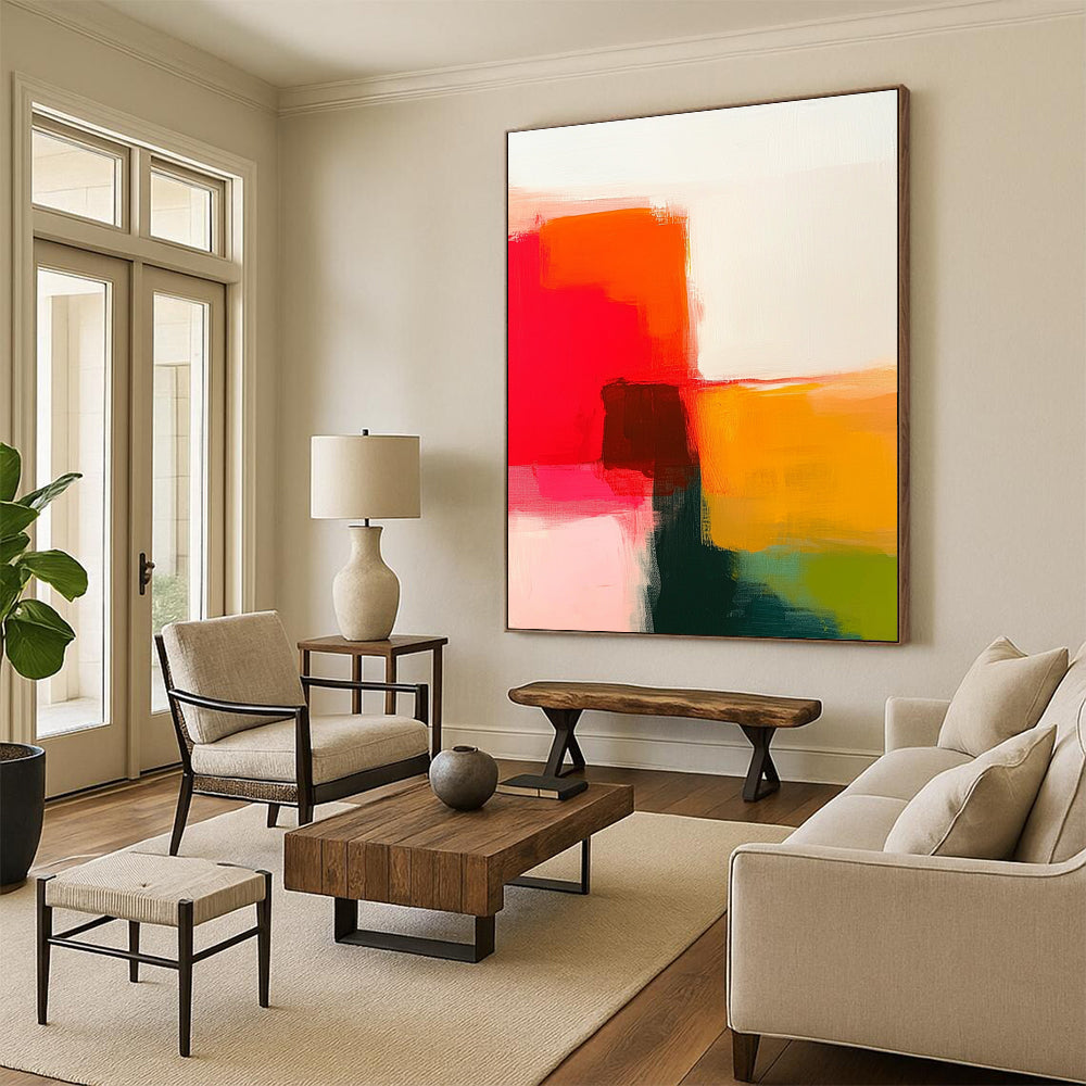 An abstract painting featuring warm reds and oranges with green on a white background showcasing simple shapes and soft edges.STSC629