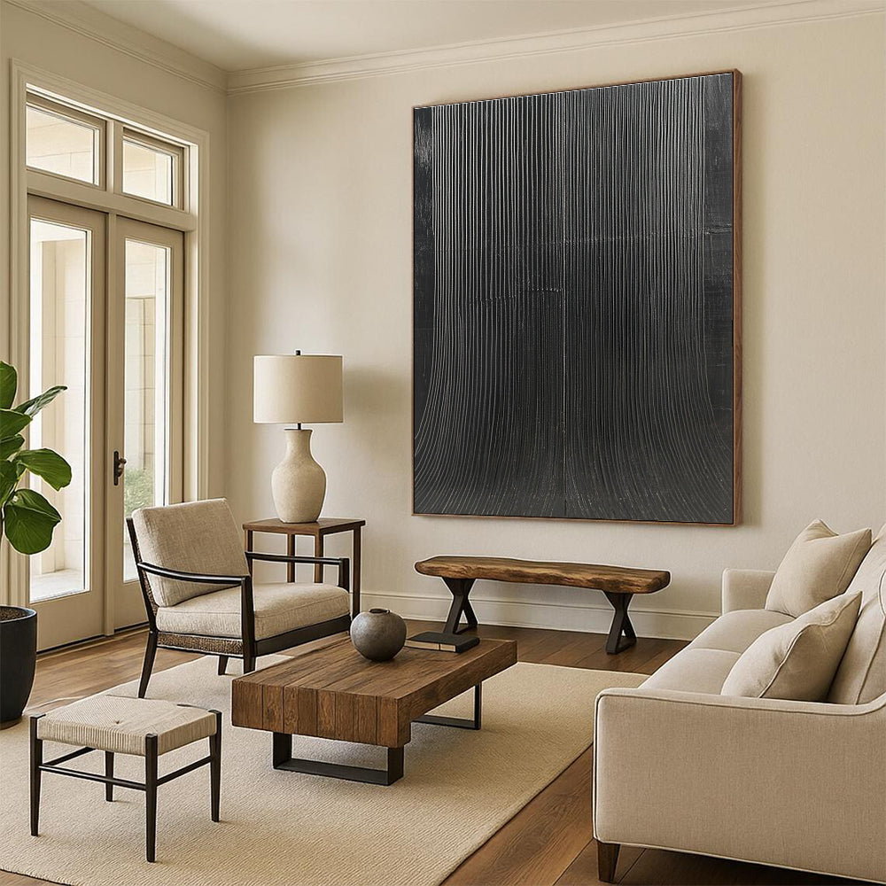 Large abstract painting featuring textured black canvas with S-shaped vertical lines in minimalist style high contrast smooth curves and waves.STSC1280