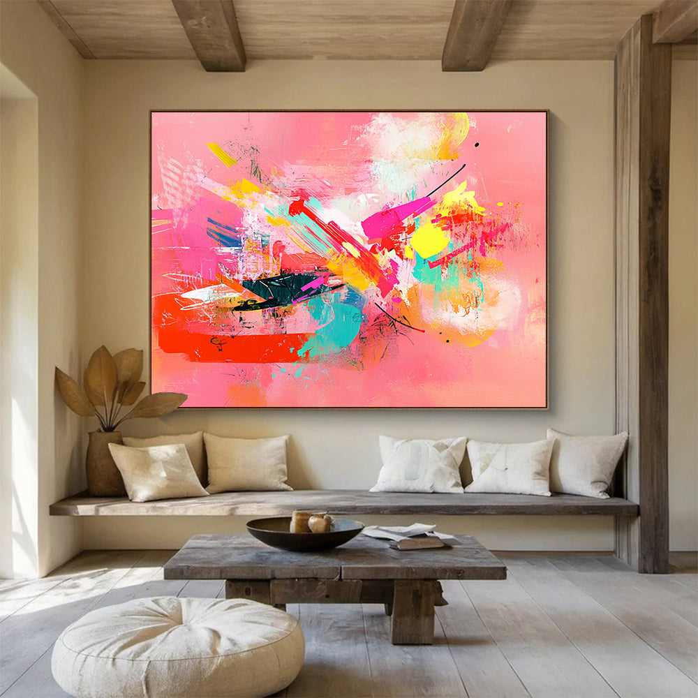 A large abstract painting featuring colorful shapes and lines on a pink background with emotional expressions and a feminine sensibility.SC535