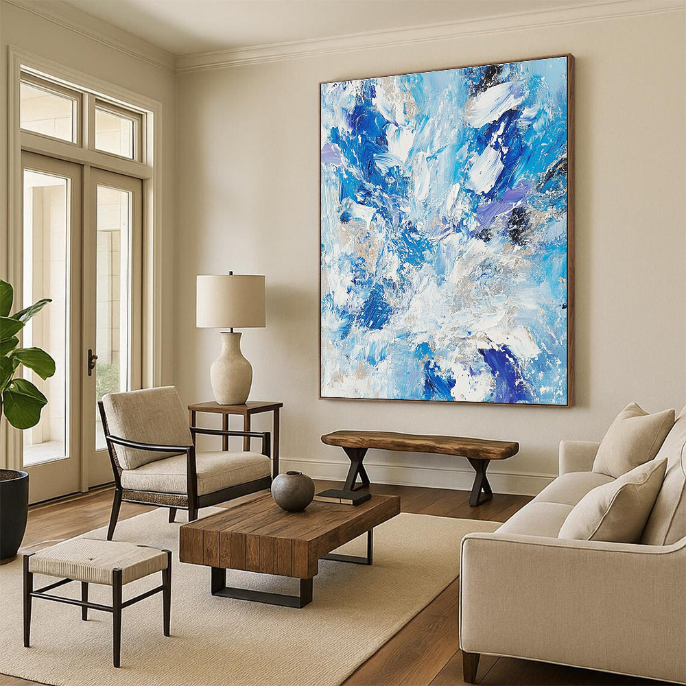 Blue White Purple Abstract Painting with Dynamic Brushstrokes GER516