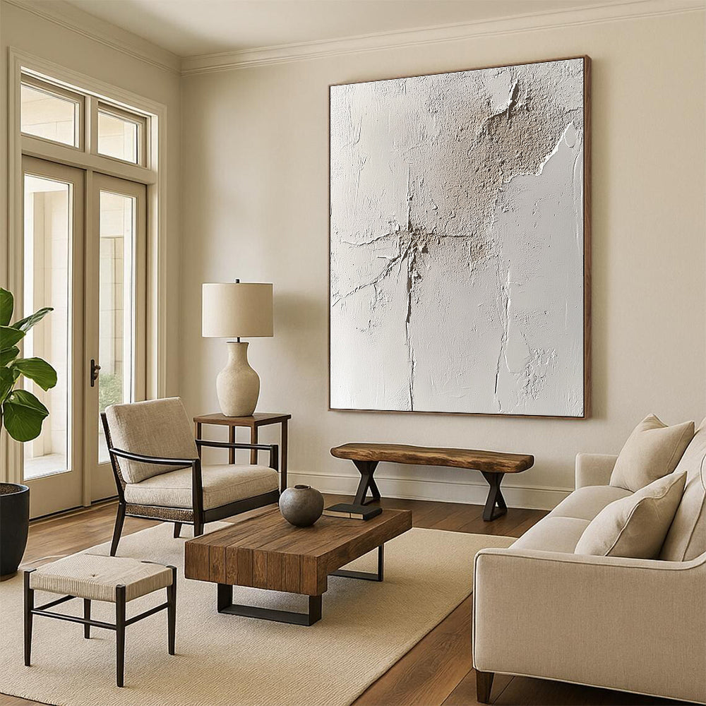 Cracked White Abstract Painting with Textured Surfaces GER095