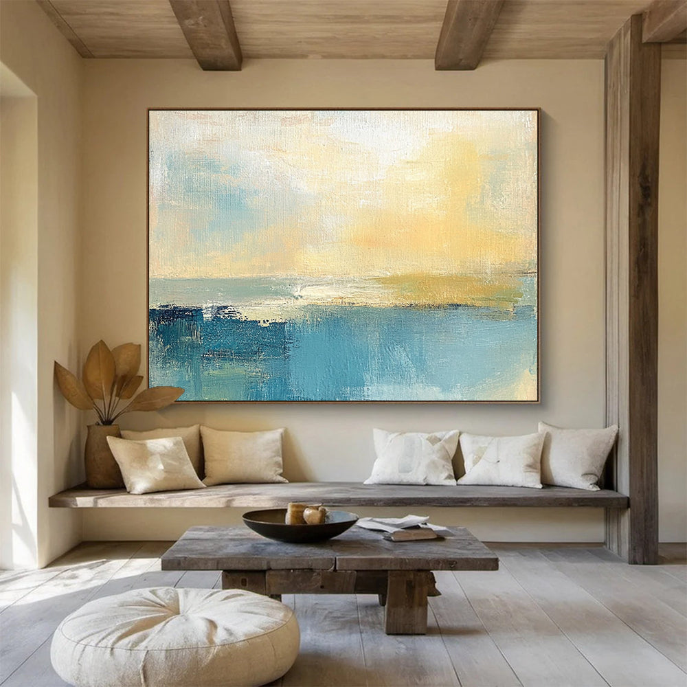 Soft Coastal Horizon Abstract Painting with Muted Blues and Yellows DYP245