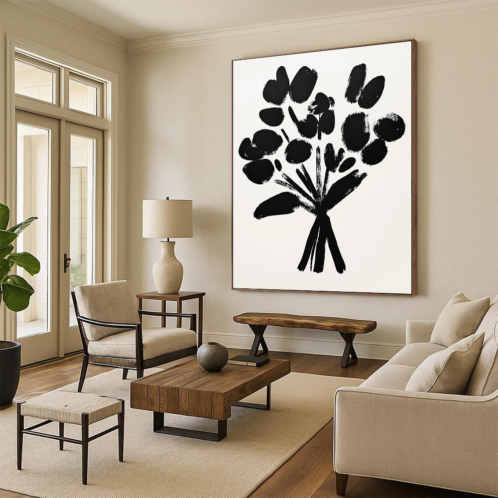 A large abstract painting featuring a bouquet of flowers with black brush strokes on white paper in a simple and minimalistic drawing style.STSC924