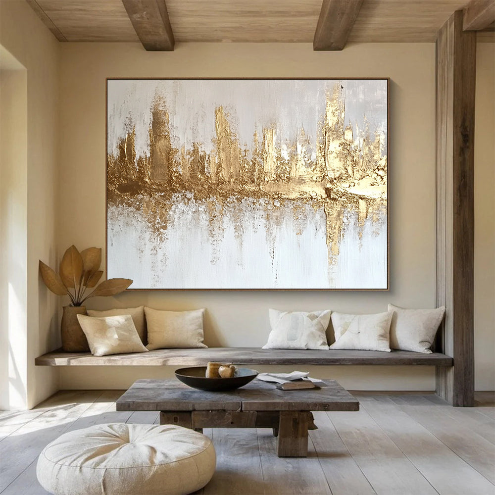 Gold and White Cityscape Abstract Painting with Textured Gold Accents DYP312