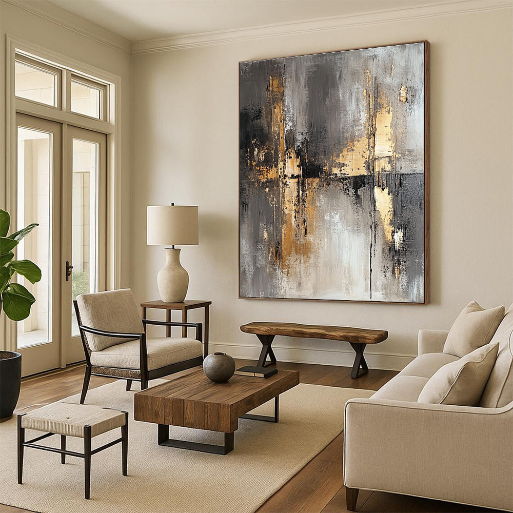 Gray Gold and Black Abstract Painting with Industrial Vibes GER644