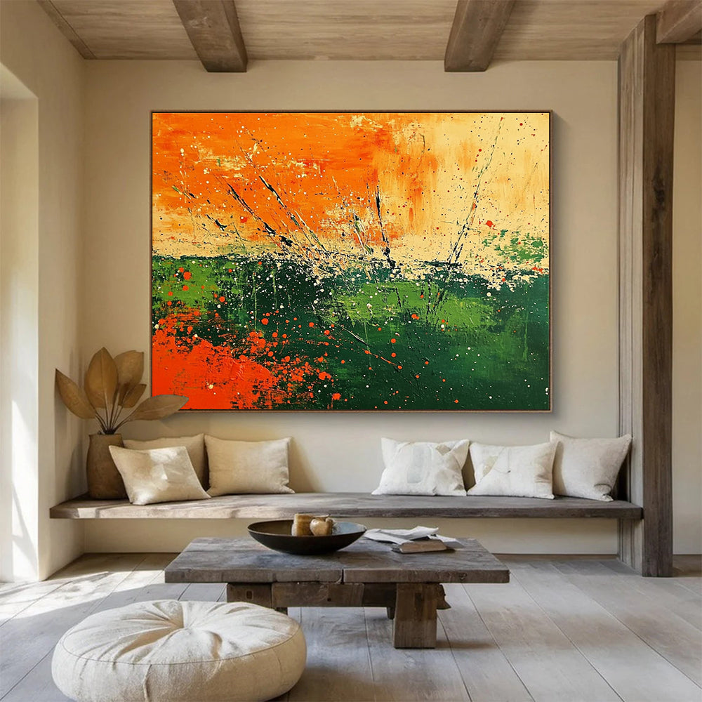 Abstract landscape featuring vibrant orange and green hues with textured brush strokes and splattered paint adds a unique touch to any space.SC090