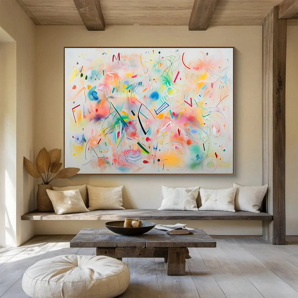 A large abstract painting featuring bright pastel colors and whimsical shapes like swirls circles and stars creating a joyful celebration on a white background.SC476