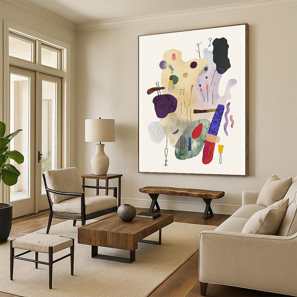 A large abstract watercolor and ink illustration featuring whimsical objects in muted pastel tones and playful textures on a textured paper background.STSC1238