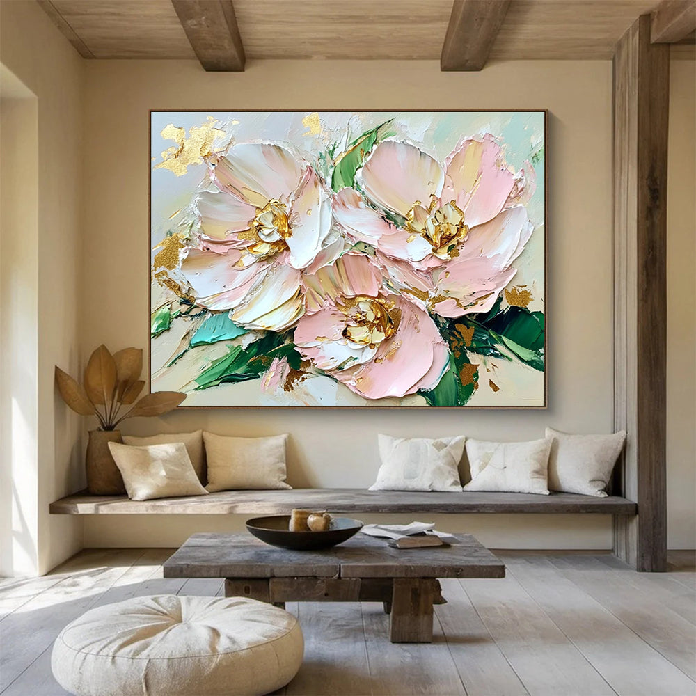 Textured Pink Flowers Abstract Painting with Gold Accents DYP282