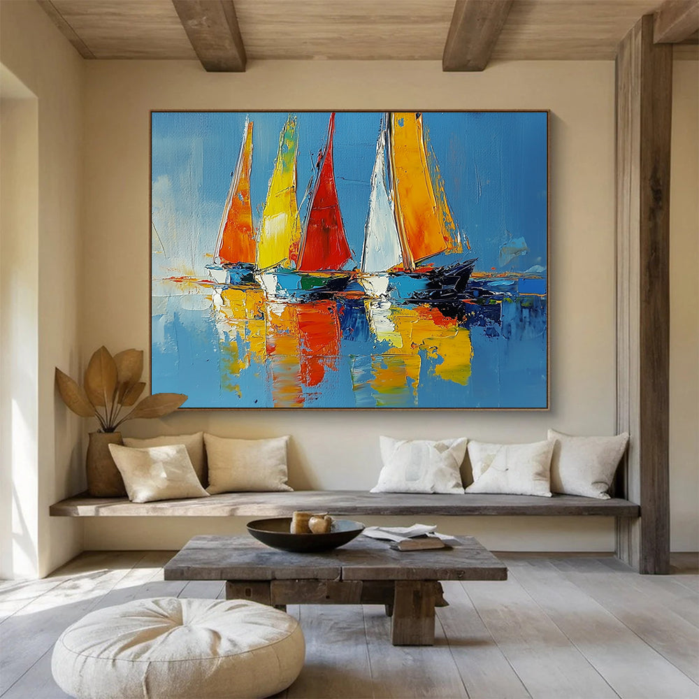 Large abstract painting of sailboats on vibrant water using palette knife techniques, showcasing energetic brushstrokes and a serene atmosphere.SC274