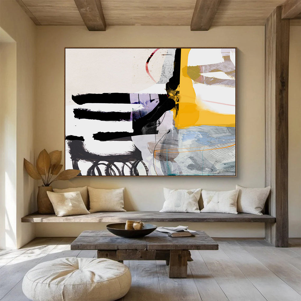 Colorful Mixed - Media Abstract Painting with Black Yellow and Purple THY112