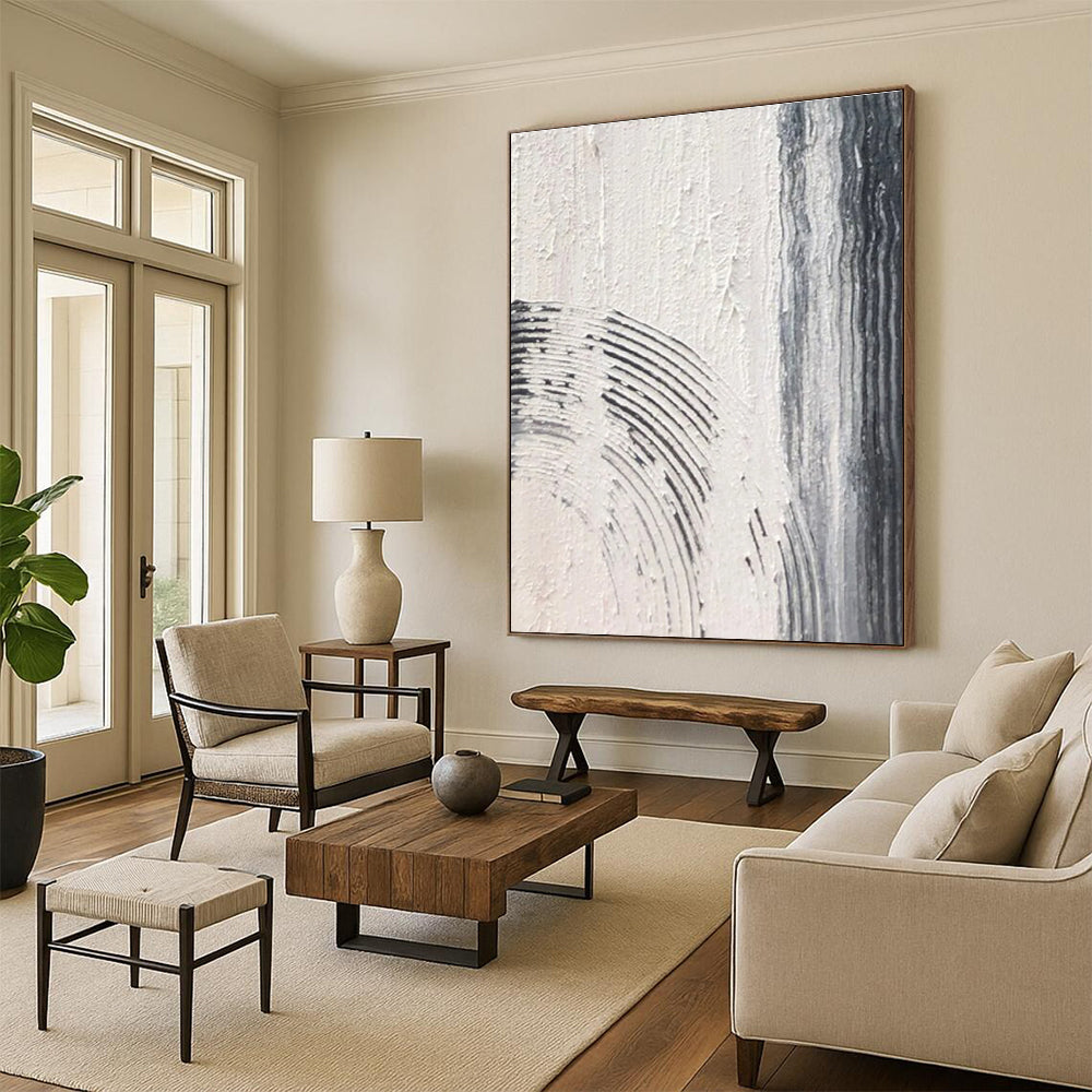 Gray and White Textured Abstract Painting with Intricate Patterns ADGE399