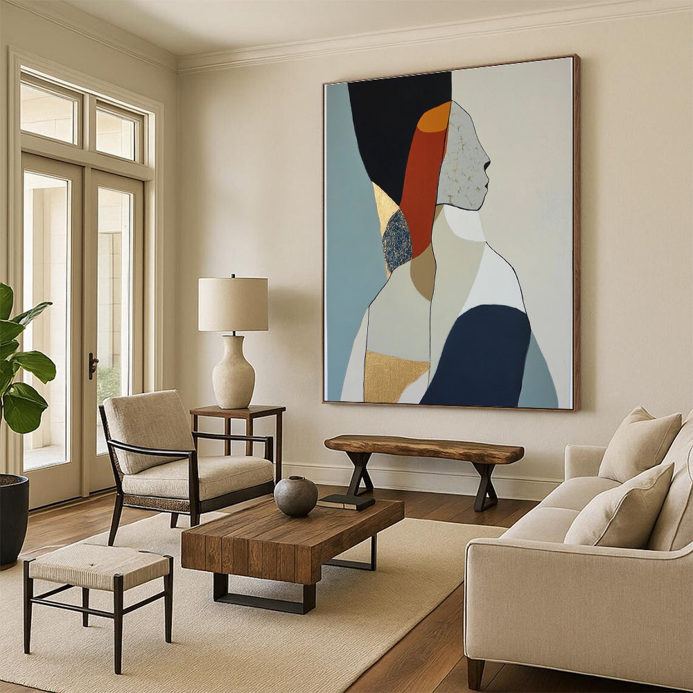 Large abstract oil painting featuring minimalist woman body shapes in muted colors with visible brush strokes and gold leaf accents.STSC1064