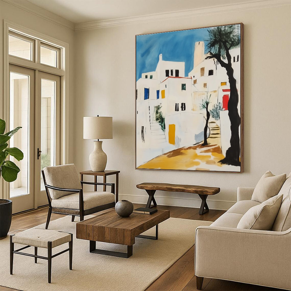 Abstract painting featuring white Greek buildings with black lines yellow accents and red elements against a light blue sky with greenery and a lone tree.STSC1106