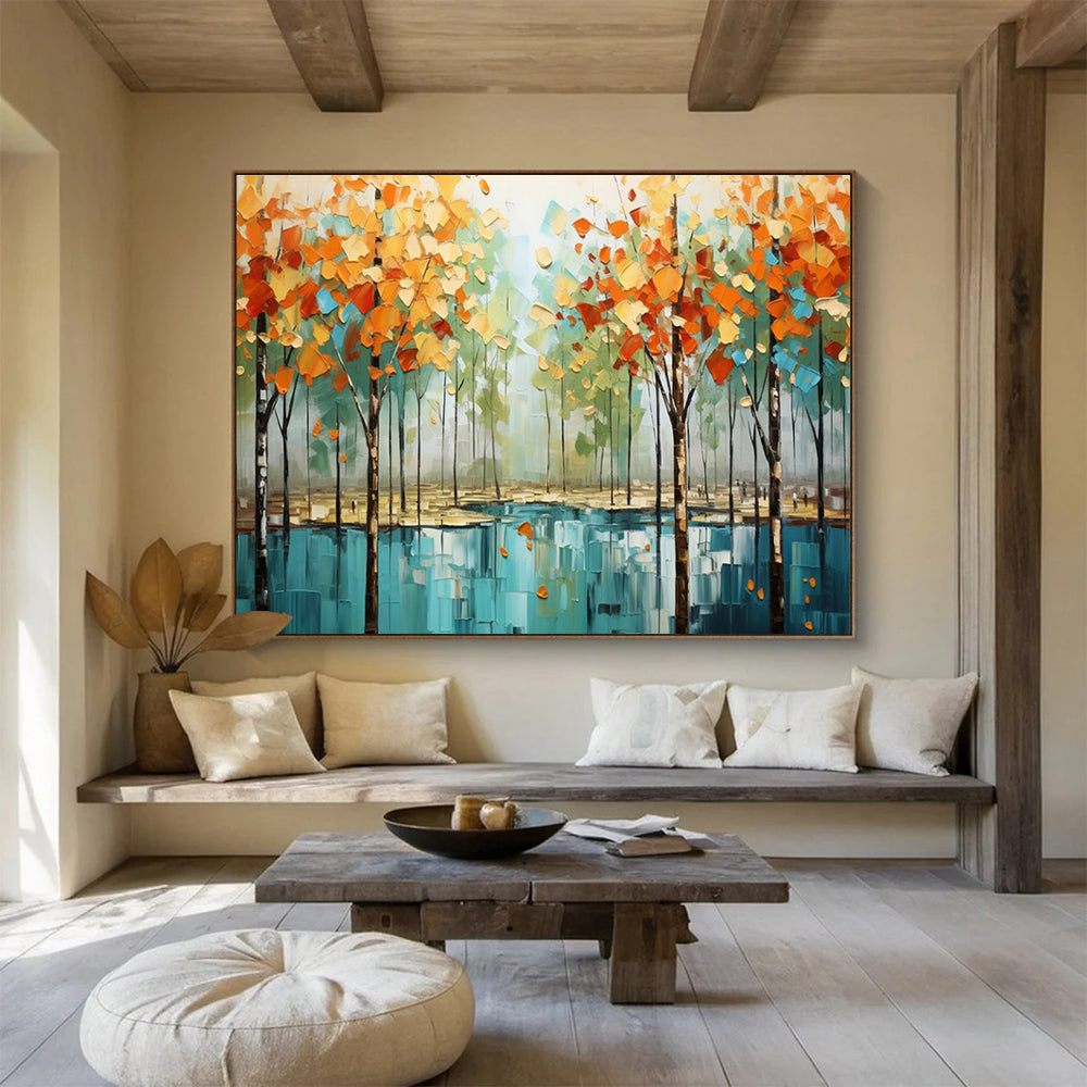 Autumn Forest Abstract Painting with Orange, Yellow, and Green Tones THY163