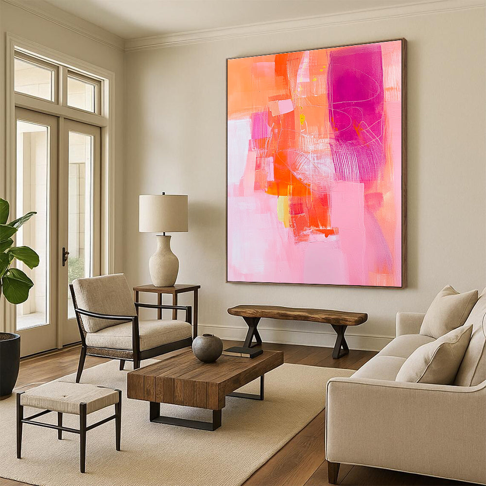 Vibrant Pink and Orange Abstract Painting with Dynamic Shapes GER254
