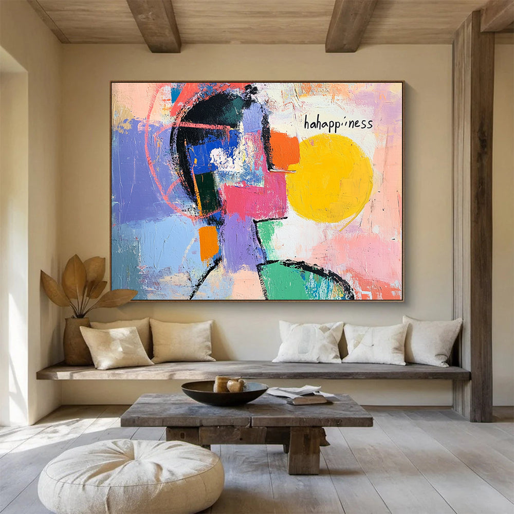 Large abstract painting showcasing vibrant colors with a bright circle silhouette and expressive lines conveying movement and emotion, featuring happiness in white ink.SC359