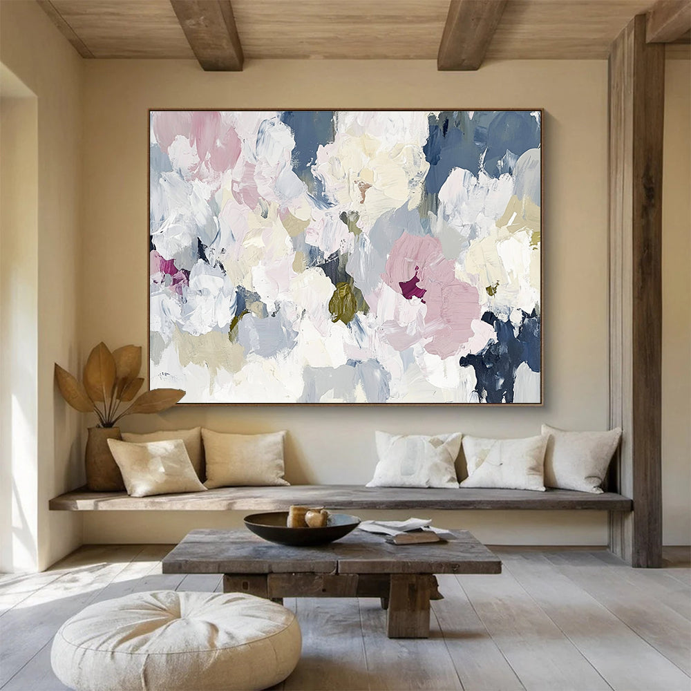 Large abstract floral painting in soft whites pinks and greens creating an elegant contemporary composition inspired by nature's beauty.SC049