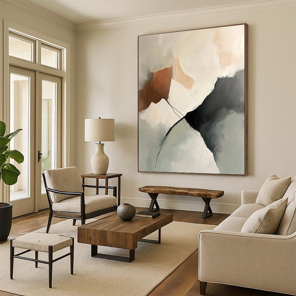 Large abstract painting featuring soft neutral tones and textured brush strokes with an isolated mountain range in shades of beige gray and peach.STSC800