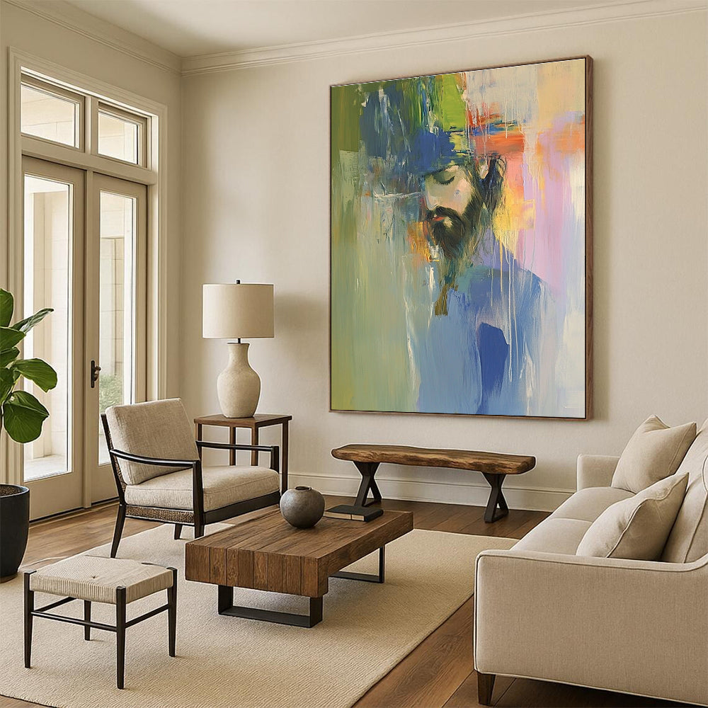 A large abstract oil painting of Jesus in vibrant colors, inspired by Richard Schmid and Peter Wileman, featuring a color field composition.STSC593