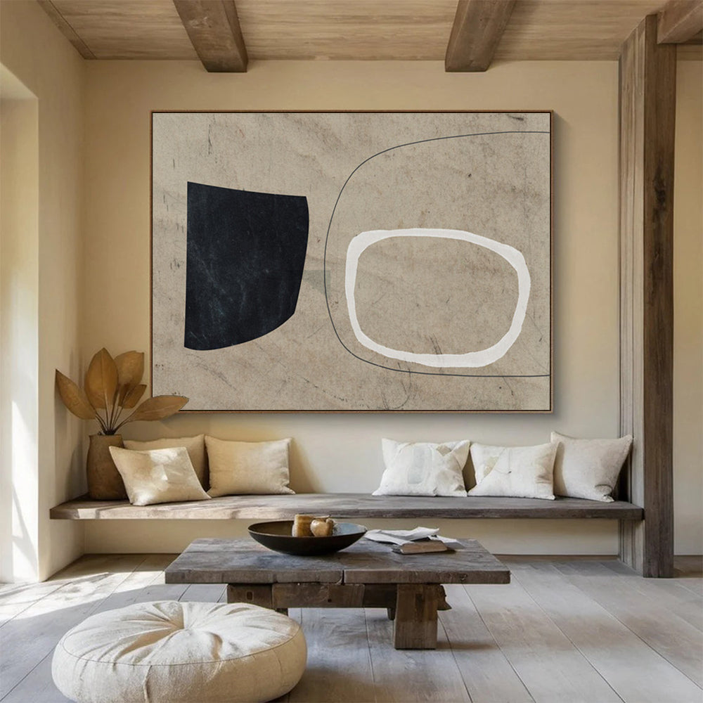 Neutral Toned Abstract Painting with Black White and Beige THY113