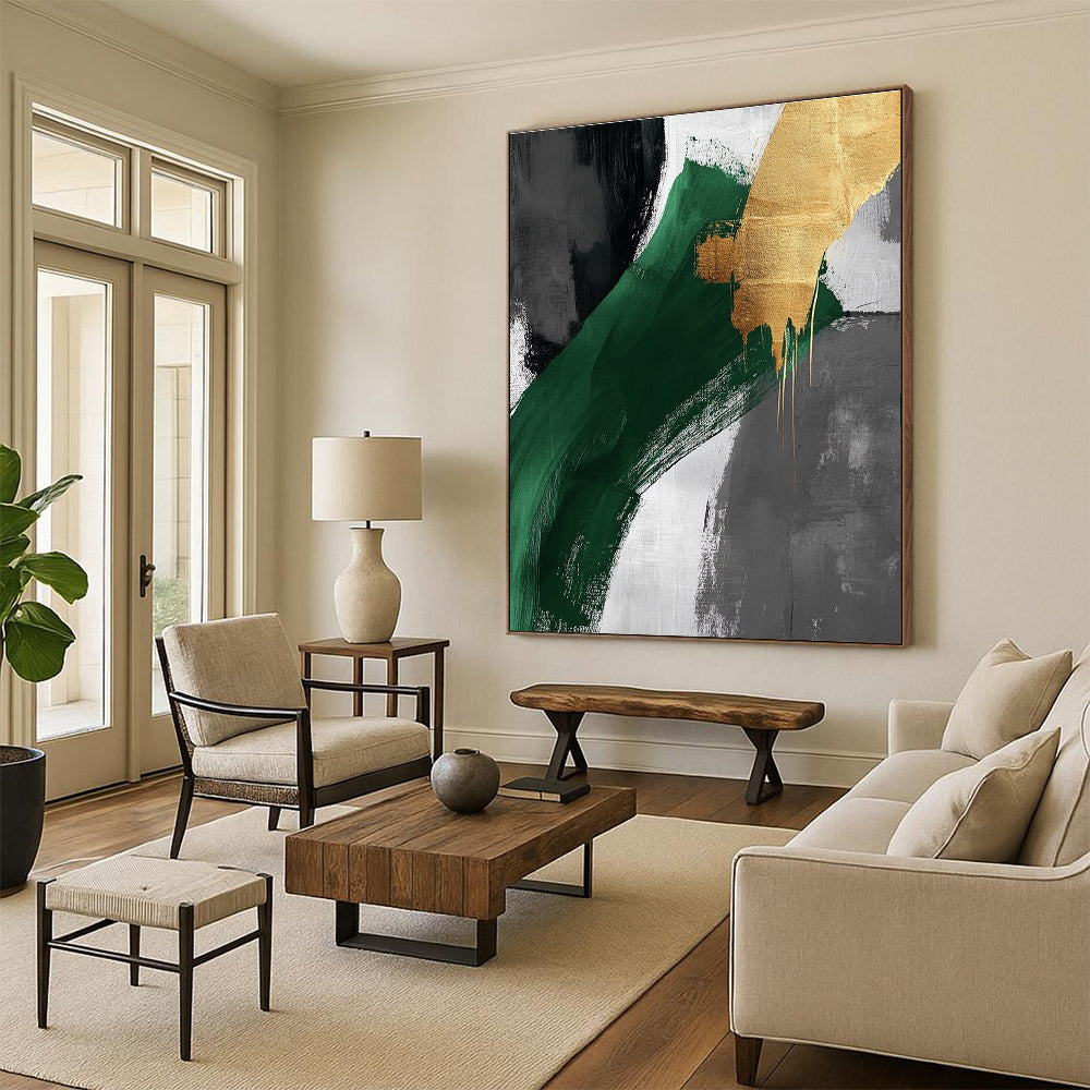 Green Gold Dynamic Strokes Abstract Painting GER850