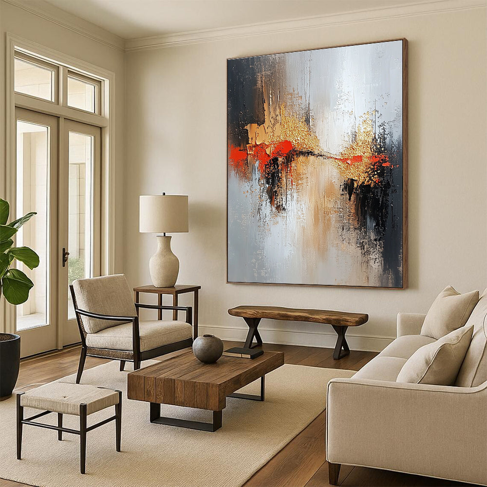 Red Gold and Gray Abstract Painting with Textured Layers GER556