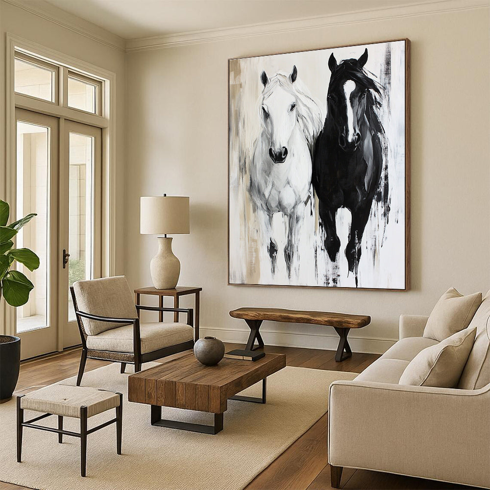 Large Abstract Painting Featuring Two Horses A White and a Black Horse in a Unique Artistic Expression.STSC1452