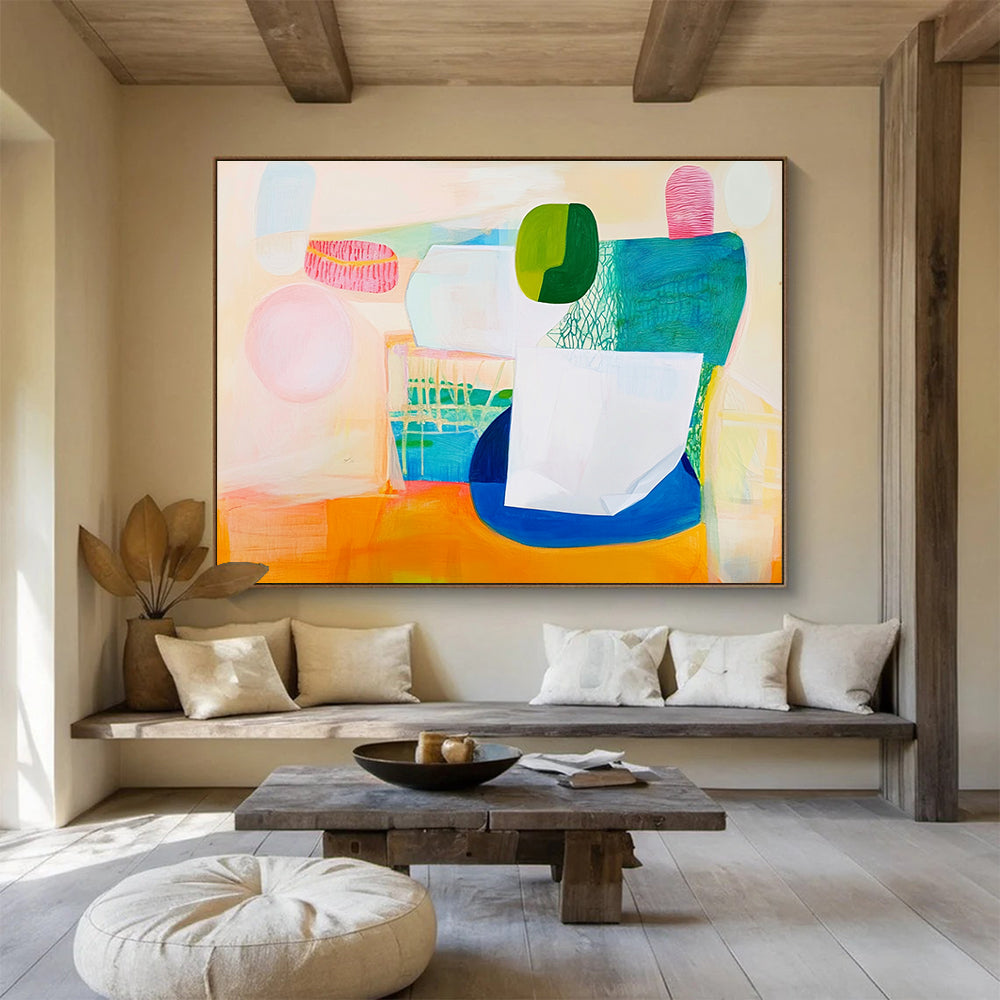 Large abstract painting featuring a white paper bag soft pink and green shapes with blue accents on a warm light orange background.SC518