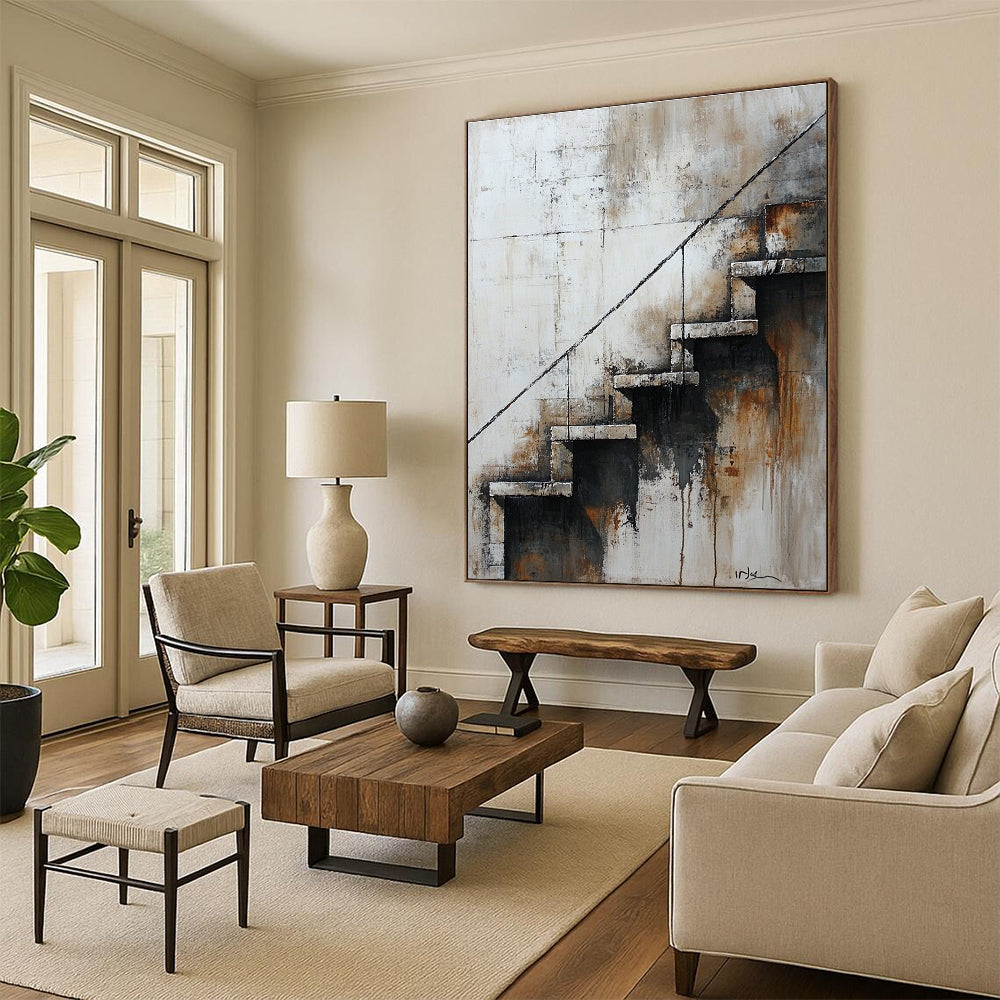 Large abstract painting of stairs in neutral tones featuring aged textures muted palette and nostalgic urban atmosphere.STSC194