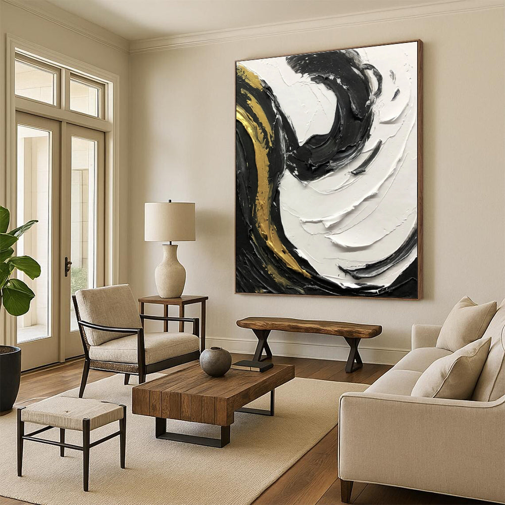 Gold - Accented Black and White Textured Swirl Abstract Painting ADGE381