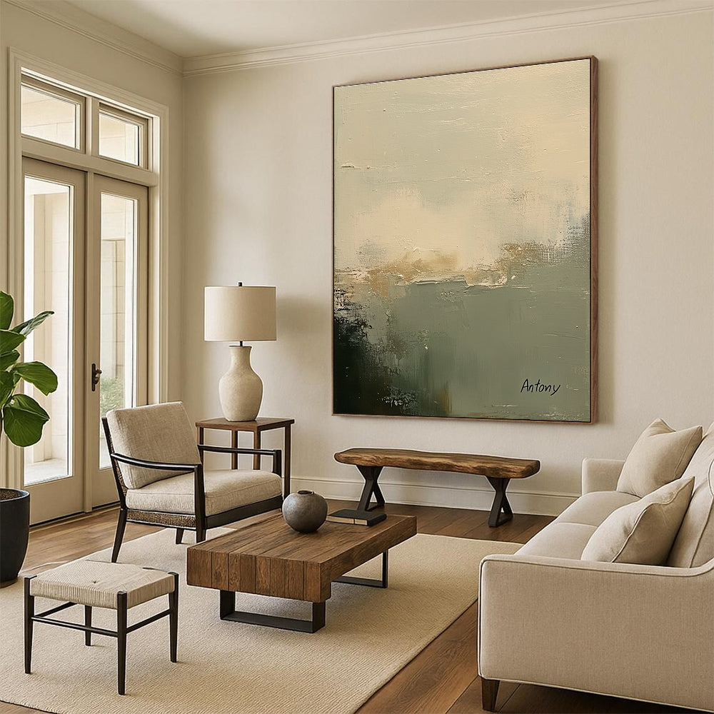 Large abstract painting featuring soft muted white and sage green tones with a textured background and calming minimalistic brush strokes signed by Antony.STSC799