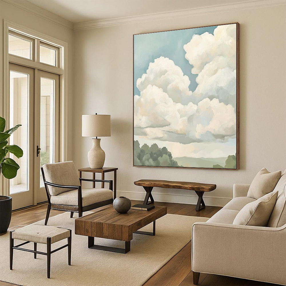 Large abstract painting featuring soft clouds in muted colors and neutral tones, creating a calming and serene atmosphere.STSC1395