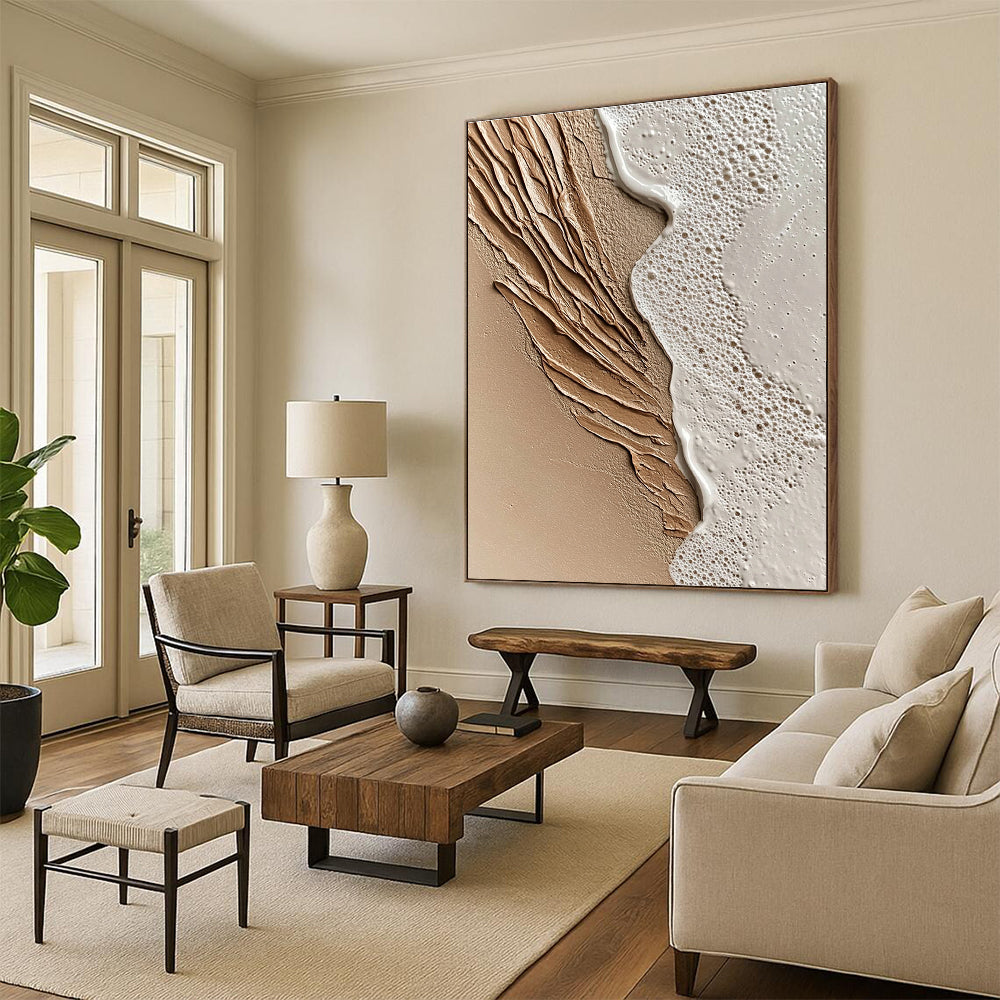 An abstract painting capturing close-up sand and serene waves at sunset featuring intricate details and a soothing beige color scheme.STSC943