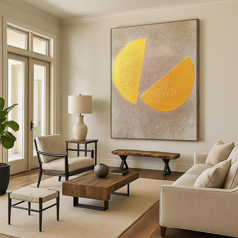 Abstract painting featuring two yellow semi-circular shapes on a textured gray background showcasing minimalist artistry and contemporary appeal.STSC1456