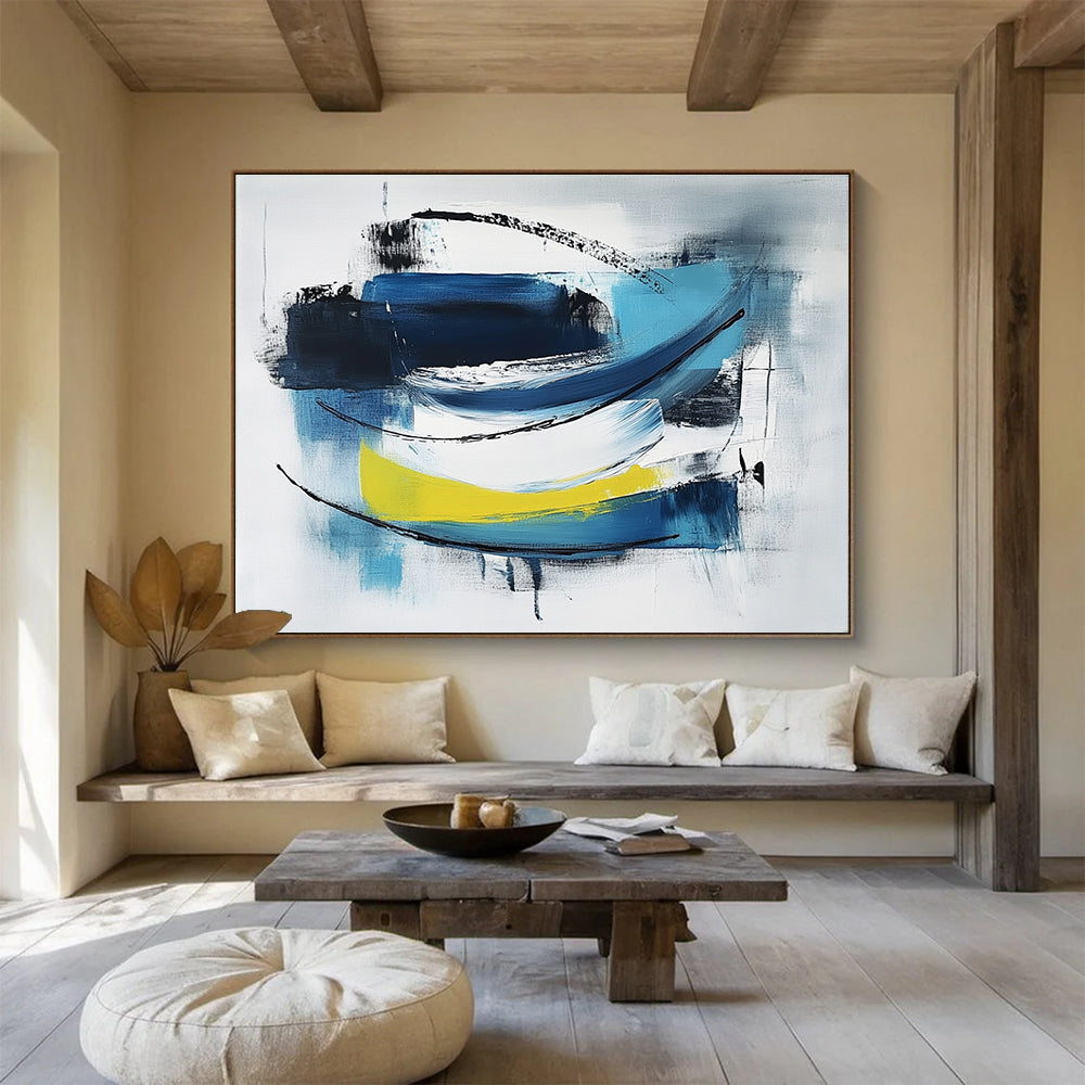 Abstract painting featuring blue black and white minimalist brush strokes on light gray with thick lines simple shapes and yellow accents.SC033