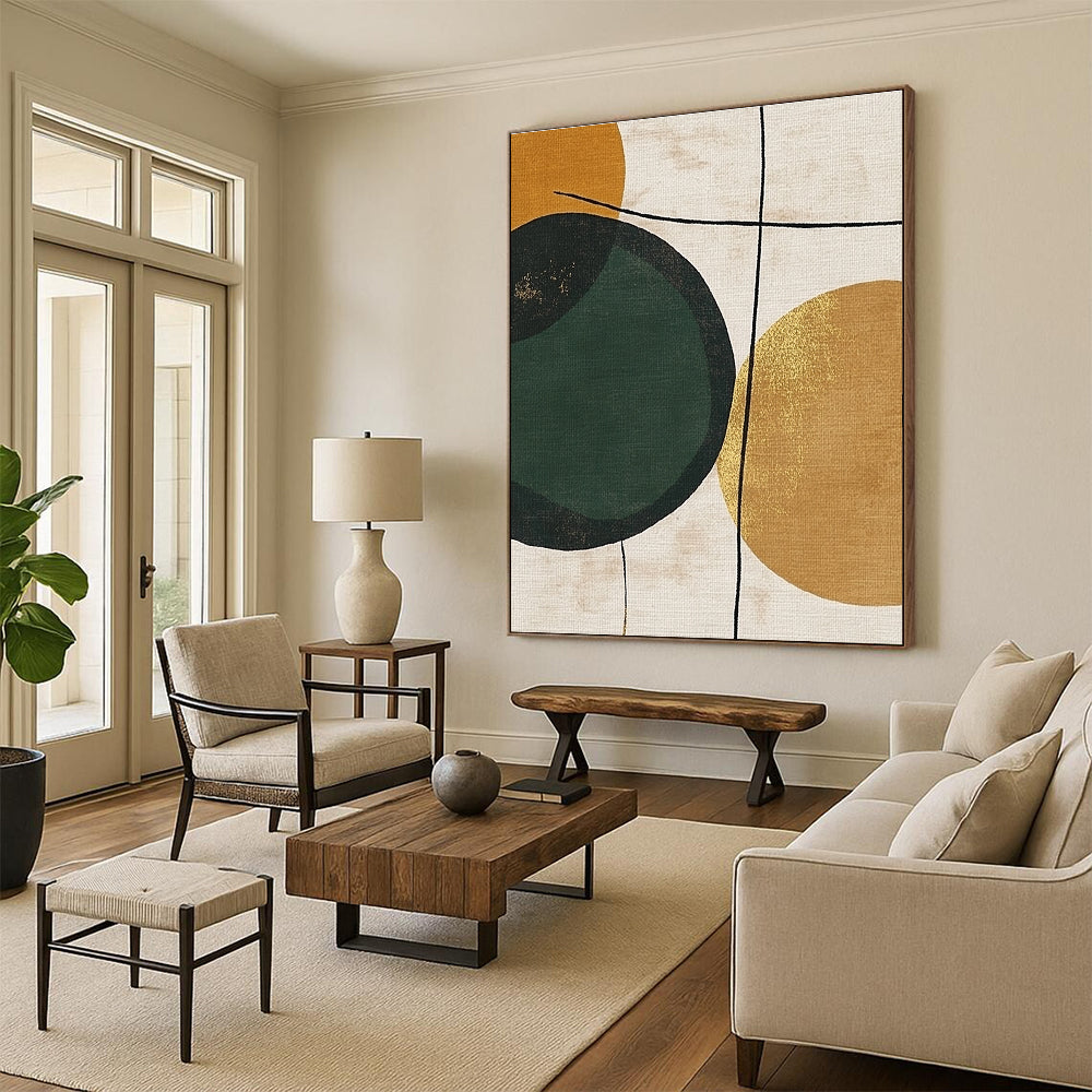 Large abstract painting featuring a green circle on a beige background with gold lines brown circles and minimalist black line drawings in organic forms.STSC467