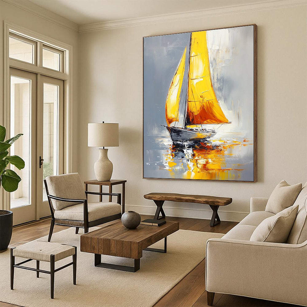 Large abstract painting of a sailboat with yellow sails on water featuring gray background and warm colors with soft lighting and bold brushstrokes.STSC1400