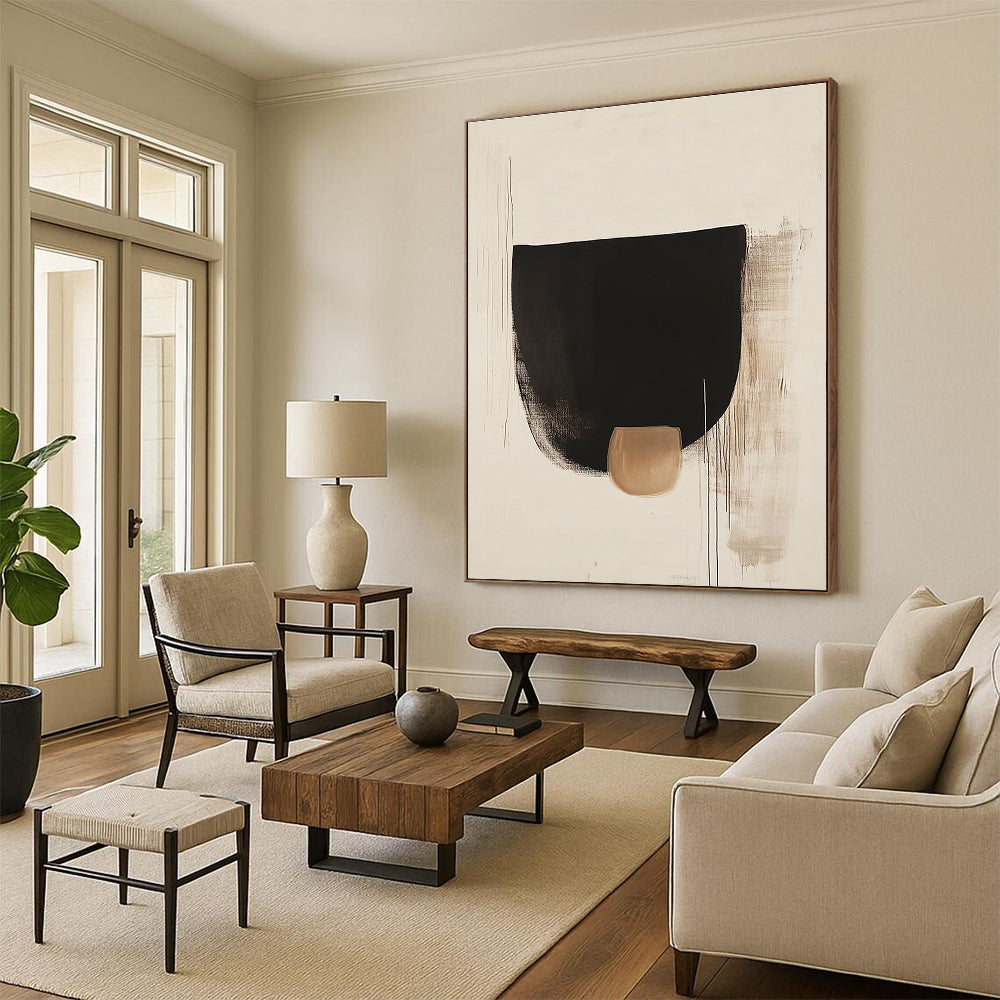 Large abstract black shapes on white background with a small brown detail inspired by Euan Uglow and Tadao Ando's minimalist style.STSC1069