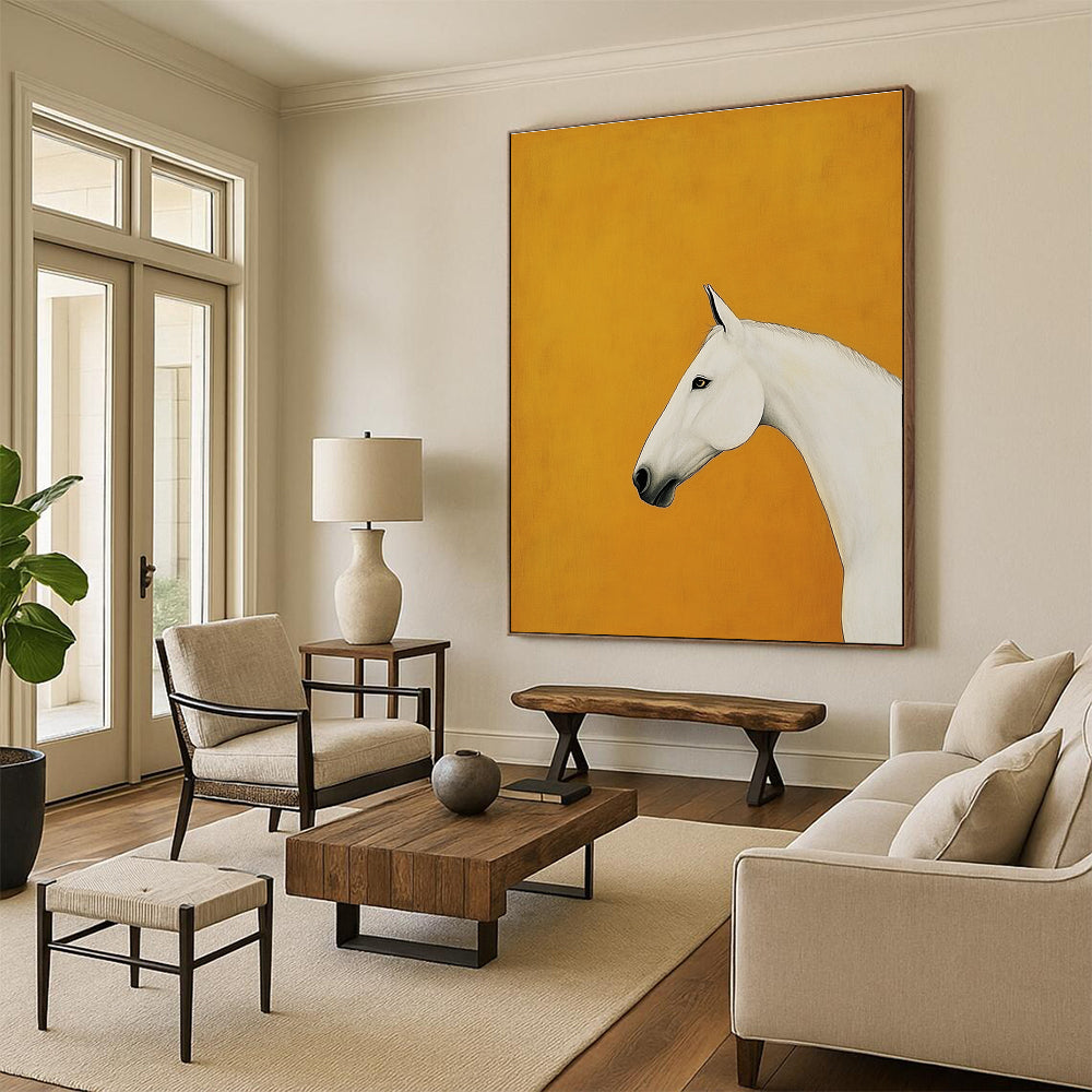 A large abstract painting featuring a minimalist white horse in profile against an orange background inspired by Kazumasa Nagai and Egon Schiele.STSC1348